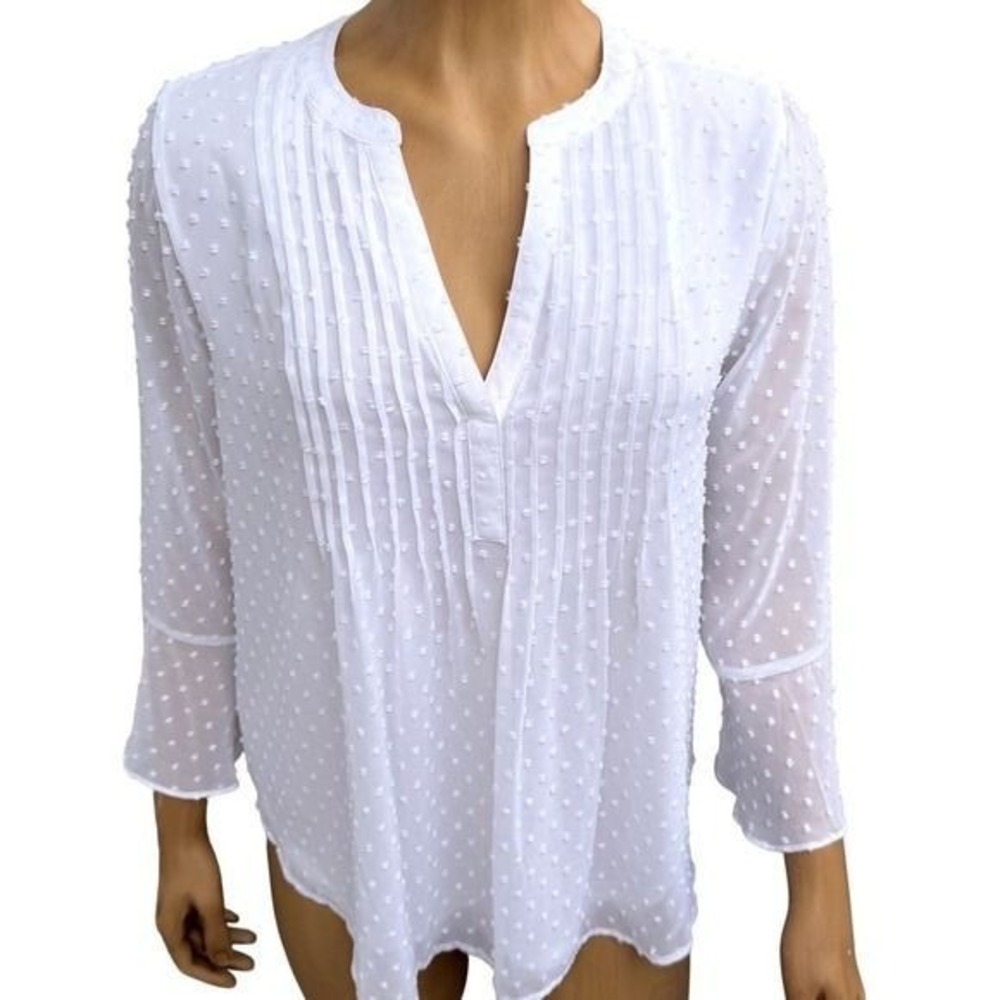 Style & Co White Swiss Dot Blouse Pin tuck Bishop Sleeve Romantic Coquette‎ M